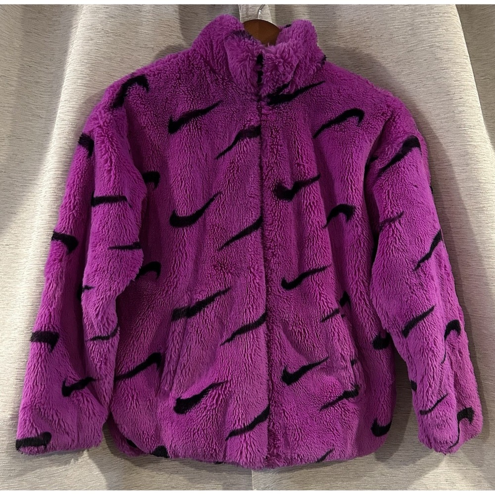 Nike Printed Faux Fur Jacket Women's Large Purple Full Zip AOP Soft DX6416-551